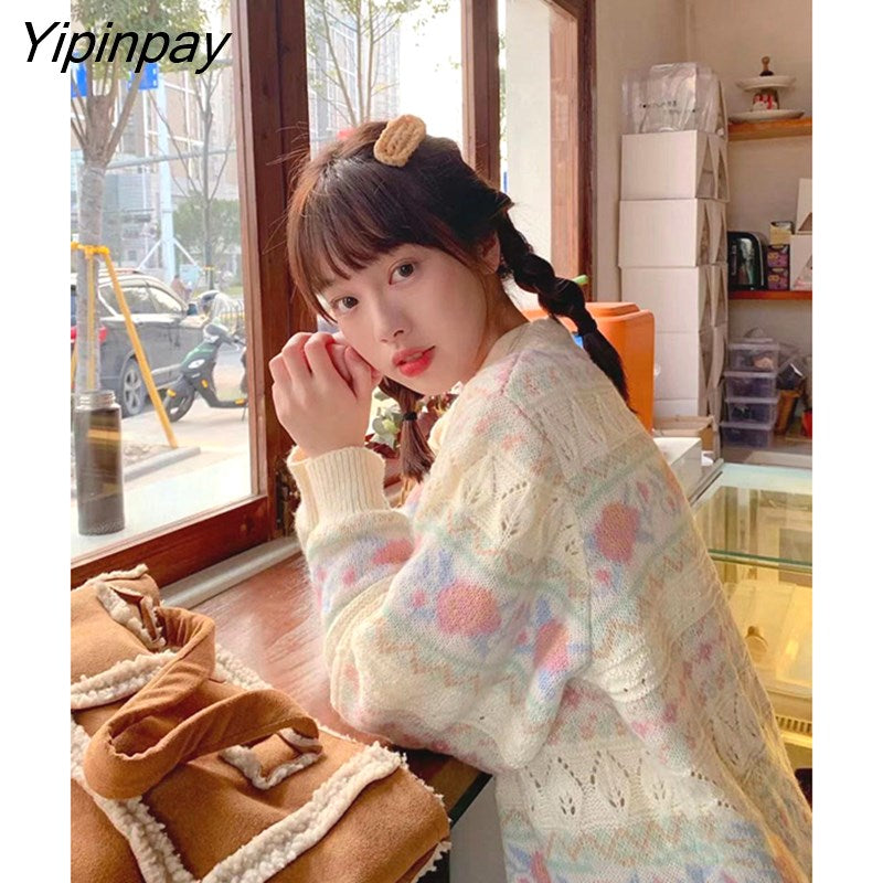 Yipinpay New Spring Women Cardigans Loose Hollow out Sweet Japan style Knitted Cotton coat Floral embroidery female Cardigans