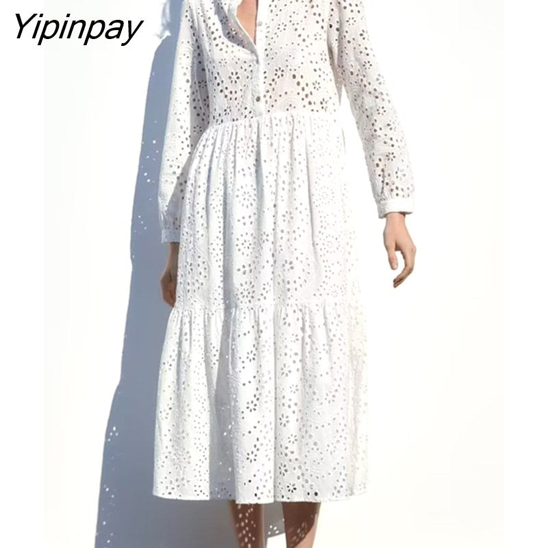 Yipinpay Elegant Women Hollow Out Mid-Calf Dresses Fashion Embroidery Long Sleeve Dresses Solid Single Breasted A-line Vestidos
