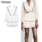 Yipinpay Thin Women Dot Printed Mini Dresses 2023 Summer Fashion V-neck Ruffles Dresses Sweet Long Sleeve A-line Vestidos