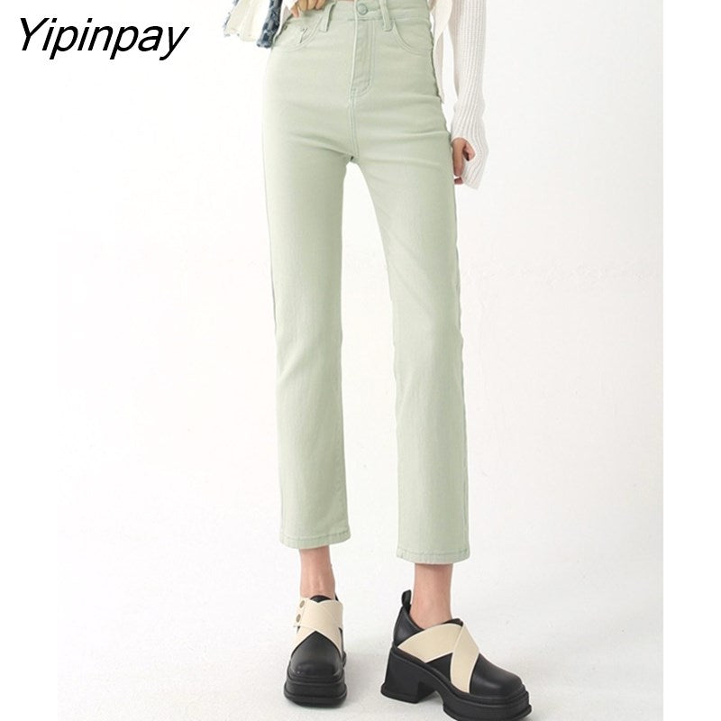 Yipinpay High Waist Stretch Straight Denim Pants Women Korean Vintage Jeans