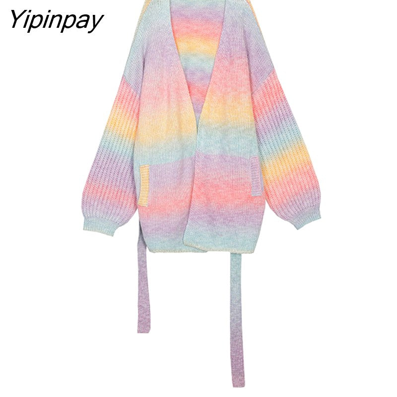 Yipinpay Winter Women Sweater V-neck Sweet Loose Knitted Cardigans Color Top Female Fashion Casual Pull Femme Hiver HOT