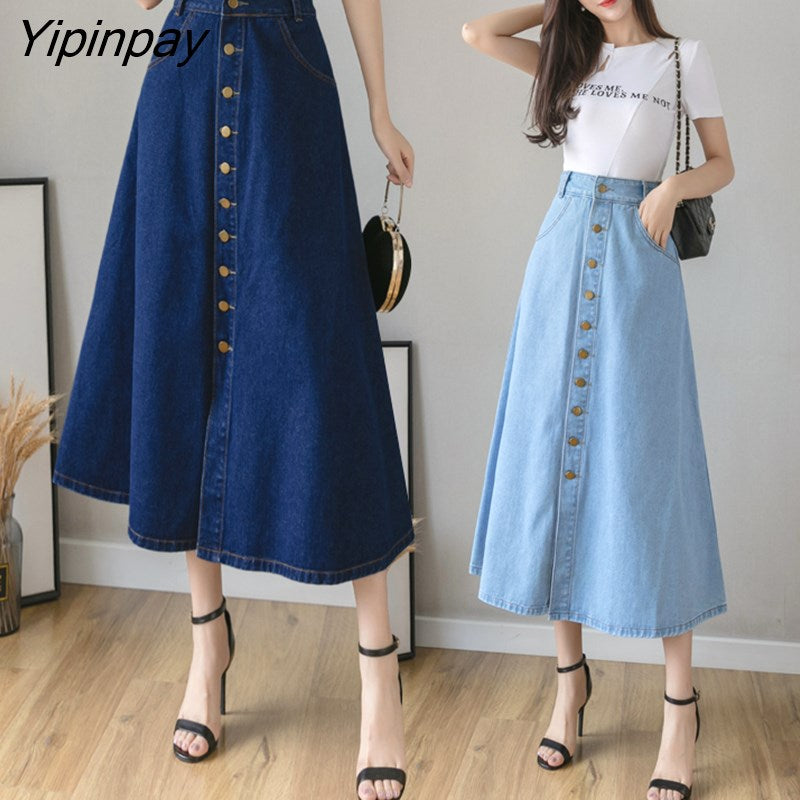 Yipinpay New Spring Summer Women Denim Skirt Oversize Korean Style A-line Solid Long Skirts Fashion High Waist Female Skirts