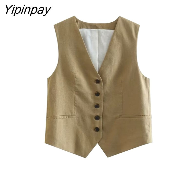 Yipinpay 2Pcs Ladies Vest Blazer Sets 2023 Spring Autumn V-neck Solid Single Breasted Jacket+A-Line Short Trouser Causal Basic Suits
