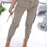 Yipinpay Women Solid Pocket Zipper Design Tied Cuff Cargo Pants Casual Pants Fashion Pants