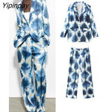 Yipinpay Women Spring Summer Tie-Dyed Thin Blazer Suits Sets 2023 Silk Soft Long Sleeve OL Jacket Wide Leg Print Pants Sets
