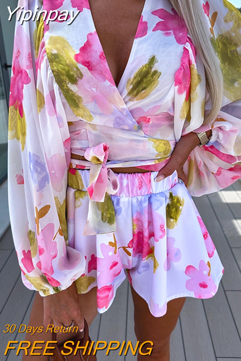 Yipinpay Boho Floral Print Lantern Sleeve Crop Top Suit 2023 Summer Fashion Chic Chiffon Shorts Outfits Casual Loose Lady Beach Suit