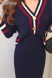 Yipinpay bump color stripe edge v-neck knitting cardigan skirts two-piece outfit