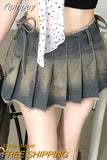 Yipinpay Grunge Y2k Denim Skirt Pleated Women Vintage Acubi Fashion Irregular Low Waist Bandage A-line Sexy Mini Skirt Streetwear