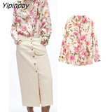 Yipinpay 2023 Women Floral Printed Thin Blouses Shirt Fashion Causal Loose Long Sleeved Tops Vintage Single Breasted T-Shirts