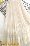 Yipinpay Fashion High Waist Tulle Midi Skirts Woman Lining Mesh Lace Patchwork Kawaii Harajuku Dance Bridesmaids Skirt Women