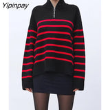 Yipinpay Women Fashion Zipper Collar Sweater 2023 Winter Thicken Striped Loose Knitting Sweater Vintage Long Sleeve Female Pullover