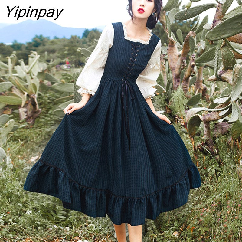 Yipinpay Autumn Winter Women Dress Vintage Lantern Sleeve Ruffles Tutu Dresses Sweet Lace-up High Waist Retro Female Bing