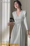 Yipinpay Autumn Elegant One Piece Dress Korea Fashion Casual Pure Color Midi Dress Woman Long Sleeve Evening Party Dress Office Lady