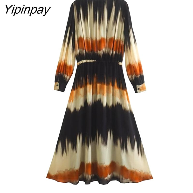 Yipinpay Elegant 2023 Women Tie Dye Dresses WIth Belt Spring Autumn Fashion A-line V-Neck Party Dress Long Sleeve Vestidos