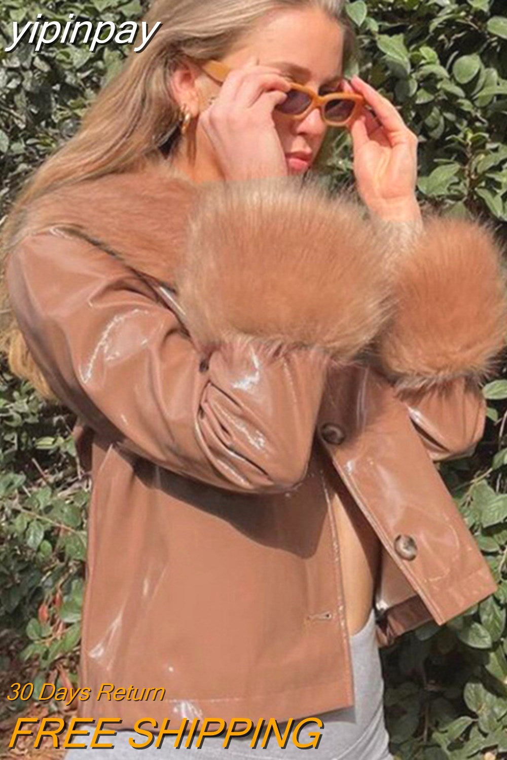 yipinpay 2023 Winter Women Turn Down Collar Leather Jackets Coat Outwear Vintage Faux Fur Long Sleeve Y2K Casual Short Jacket Tops