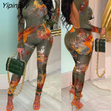 Yipinpay Women Casual Abstract Print Round Neck Bodycon Backless Skinny Jumpsuit Sexy Jumpsuit