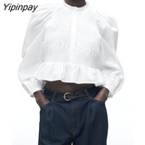 Yipinpay 2023 Women Solid Blouses Shirt Spring Fashion Female Long Sleeve Elastic Tops Ruffles Collar Single Breasted T-Shirts
