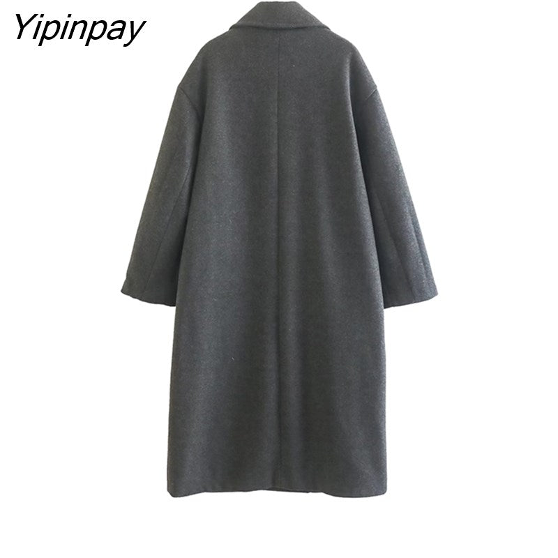 Yipinpay Elegant Ladies Loose Woolen Coat 2023 Winter Simple Double Breasted Long Sleeve Outwear Warm Basic Female Fashion Overcoat