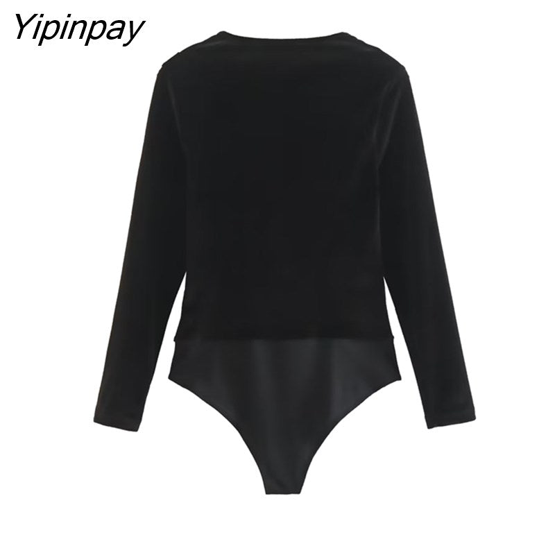 Yipinpay Woman Fashion Beaded Velvet Bodysuit Jumpsuit 2023 Casual Body Long Sleeved Tops Clothes Female Suit