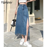 Yipinpay High Waist Split Denim Skirts Streetwear Summer Casual Botton Pocket Midi Jeans Skirts