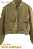 Yipinpay TRAF Fashion Bomber Jackets for Women 2023 Spring New Outerwear Female Long Sleeve Big Pockets Jackets Coats Ladies Coat
