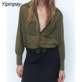 Yipinpay 2023 Thin Women Solid Blouses With Patch Pockets Spring Autumn Casual Long Sleeved Tops Summer Single Breasted T-Shirts