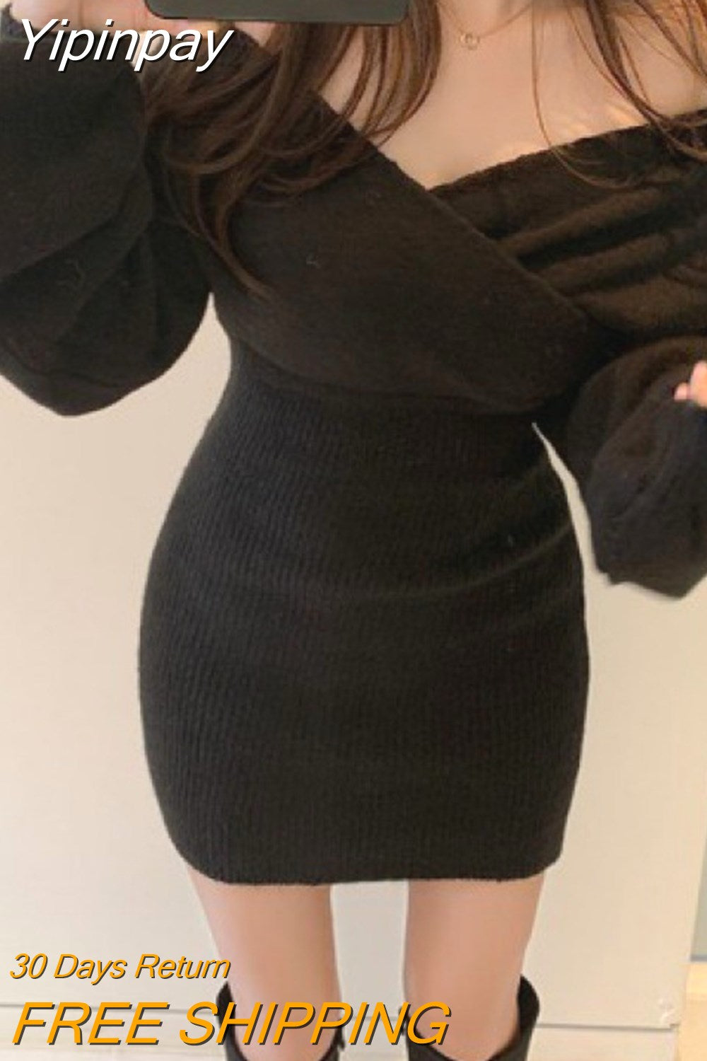 Yipinpay De Mujer Sexy V Neck Black Wrap Hip Off The Shoulder Sweater Dress Mini Wild Casual Grey Women Knit Dress Bodycon 2023