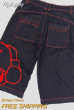 Yipinpay Gym Shorts Y2K Hip Hop Animation Embroidery Harajuku Fashion Casual Denim Shorts Men Street Retro Loose Fitting Shorts