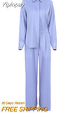 Yipinpay Blue Elegant 2 Piece Women Pantsuit Office Satin Outfits Button Shirts And Wide Legs Long Pants Oversize Suit Ladies