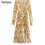 Yipinpay Elegant Women Printed Scarf Midi Dresses 2023 Summer Beach Style Bow Dress A-line Long Sleeve Mid-Calf Vestidos