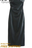 Yipinpay Black Faux Leather Dress Woman Off Shoulder Bodycon Long Dresses For Women Sexy Backless Dress 2023 Midi Party Dresses