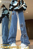 Yipinpay Denim Jeans Women High Waist Star Pattern Print Patchwork Long Trousers Y2k Fashion Streetwear Baggy Pants Women