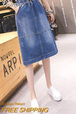 Yipinpay Vintage Denim Skirt Drawstring High Elastic Waist Pockets Streetwear Midi Jeans Skirts Women Oversized Split Bottoms