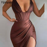Yipinpay Women Chic Solid Bright Satin Ruched High Slit Corset Party Dress