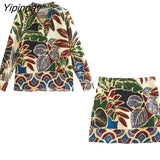 Yipinpay 2023 Women Summer Printed Tops+ Mini Skirts Sets 2 Piece Elegant Turn Down Collar Shirt Blouse Long Sleeve Casual Suits