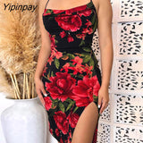 Yipinpay Women Chic Spaghetti Strap All Over Print Floral Swing Collar Silt Party Mini Dress