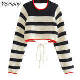 Yipinpay Fashion Women Striped Backless Knitted Sweater 2023 Bandage Long Sleeve O-neck Pullover Simple Causal Sexy Short Tops