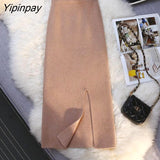 Yipinpay Winter Green Slit Knitted Skirt High Waist Korean Long Skirt