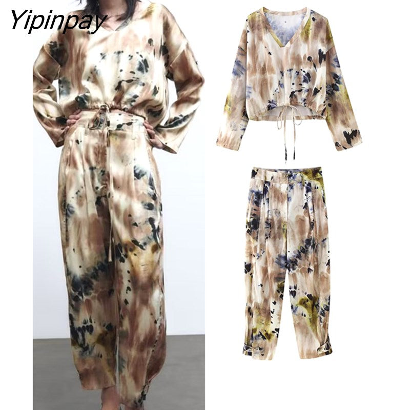 Yipinpay Summer Women Print Blouse Pants Sets 2023 Casual Long Sleeve Short Shirt Tops Elastic Waist Pants Outwear