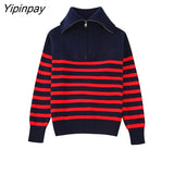 Yipinpay Women Zip-up Striped Knitted Sweater 2023 Autumn Turtleneck Long Sleeve Coats Female Pullovers Fashion Loose Chic Tops