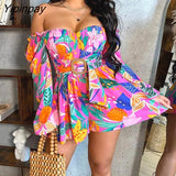 Yipinpay Women Elegant All Over Print Off Shoulder Sexy Long Sleeves Vacation Sexy Romper