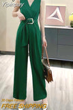 Yipinpay Women Wide Leg Pants Jumpsuit Sleeveless Sashes Casual High Waist Overalls Office Ladies Elegant Playsuits Plain 2023