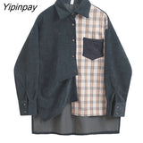 Yipinpay New Spring Women blouses Korean Fashion style Simply Corduroy Long sleeve Tops Patchwork plaid Loose Casual female blouses