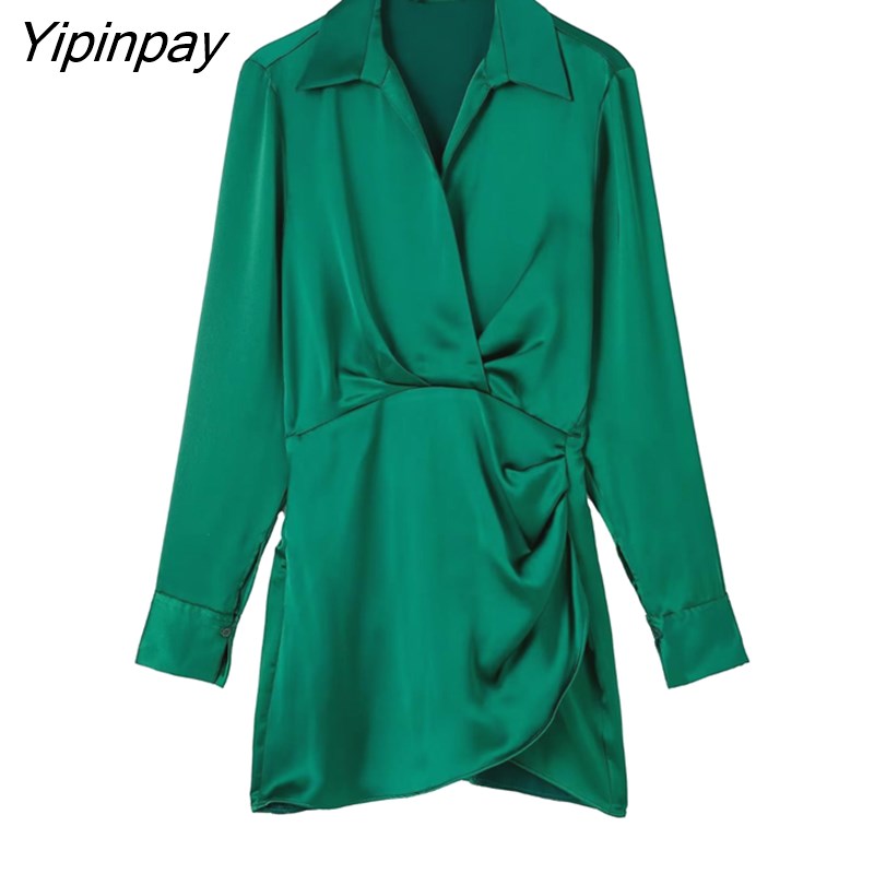 Yipinpay Elegant Women Solid Mini Dresses 2023 Spring Autumn Fashion Turn Down Collar Causal Dress A-line Long Sleeve Vestidos