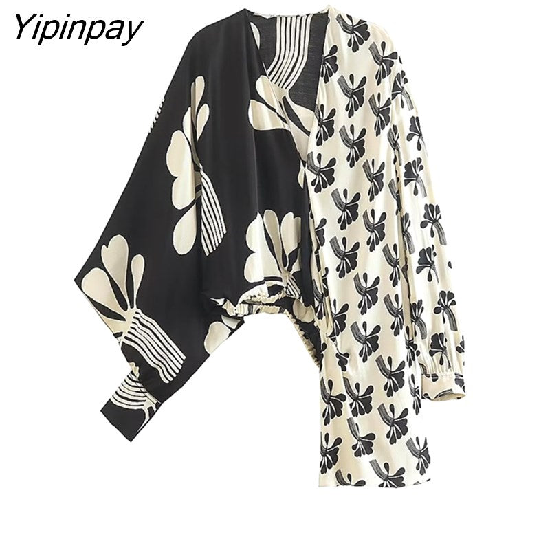 Yipinpay 2023 Women Patchwork Print Blouses Spring Autumn Casual V-neck Long Sleeved Top Fashion Single Breasted Asymmetrical Shirts