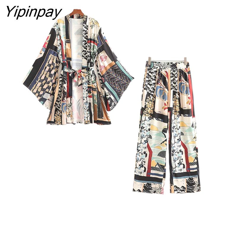 Yipinpay Women Shirts +Trousers Suit Kimono Style Summer Full Printed X-Long Drawstring Blouse Set Female Pants Casual Clothes