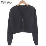 Yipinpay Summer Knitted Crop Cardigan Women Korean Short Sweater Long sleeve V neck Green Blue