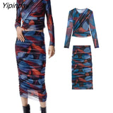 Yipinpay Fashion 2023 Women's Tulle Printed Sets Elegant O-neck Folds Top Mid-Calf Straight Skirts Long Sleeve Casual Suits