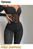 Yipinpay Women Glitter Deep V Neck Spaghetti Straps Design Bodycon Lace Patch Bright Line Deco Skinny Jumpsuit Sexy Dancing Jumpsuit