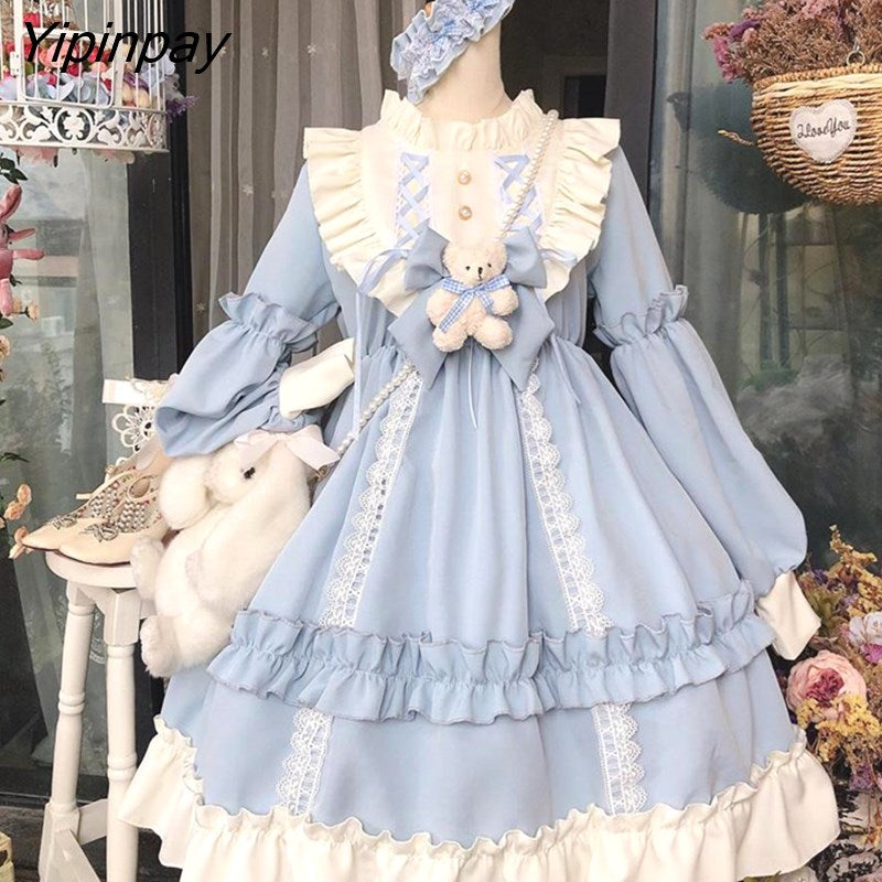 Yipinpay HOT Sweet Girl Lolita Dress Women Vintage Patchwork Dress Cute Female Cosplay Little Party Dress